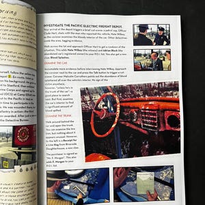May include: A page from a game book titled "The Traffic Cases: The Driver's Seat" shows a crime scene with an orange car interior, a steering wheel, and text describing the investigation. The page includes images of detectives and text.