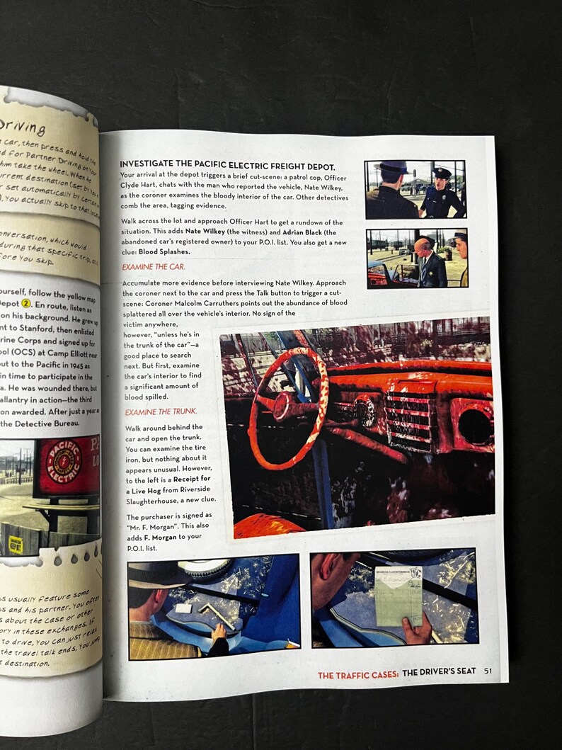 May include: A page from a game book titled "The Traffic Cases: The Driver's Seat" shows a crime scene with an orange car interior, a steering wheel, and text describing the investigation. The page includes images of detectives and text.
