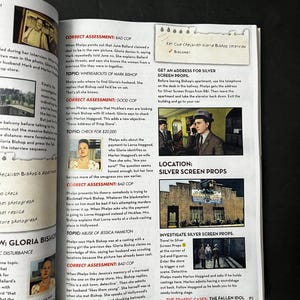 May include: A magazine page from "The Traffic Cases: The Fallen Idol" features text, photos, and a checklist. The page includes a photo of a man on the phone and a building labeled "Silver Screen Props".
