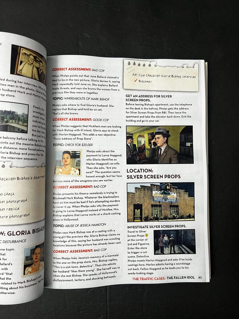 May include: A magazine page from "The Traffic Cases: The Fallen Idol" features text, photos, and a checklist. The page includes a photo of a man on the phone and a building labeled "Silver Screen Props".