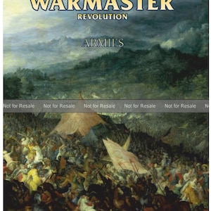 May include: A book cover for "WARMASTER REVOLUTION ARMIES" featuring a landscape painting and a battle scene. The text "Not for Resale" is repeated across the top. The bottom reads "An unofficial fan ruleset v. 2.26".