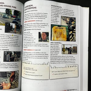 May include: Open book page with text and images related to an investigation. Includes text about an interview, a competition ticket, and a Suburban Redevelopment Fund. There is a photo of a man and a photo of a building.