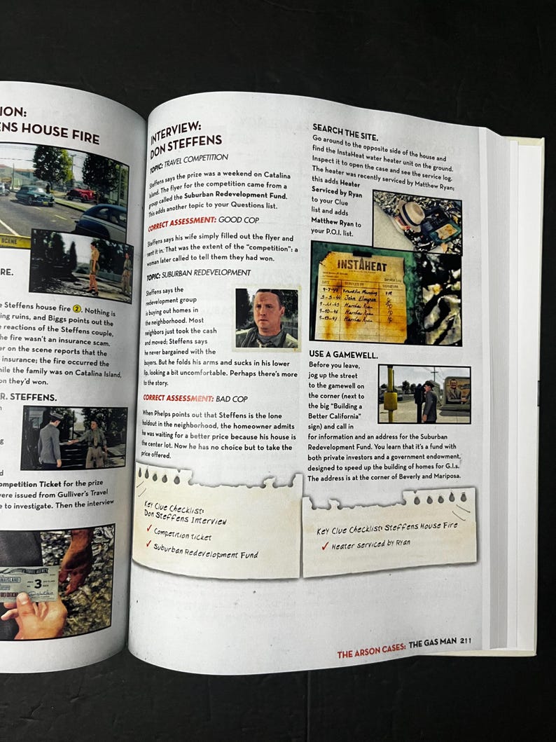 May include: Open book page with text and images related to an investigation. Includes text about an interview, a competition ticket, and a Suburban Redevelopment Fund. There is a photo of a man and a photo of a building.