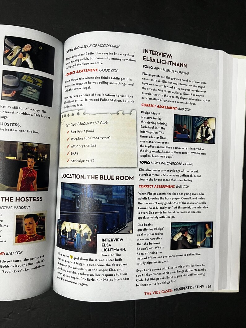 May include: Open book page with text and images. Features an interview titled "Elsa Lichtmann" with topics like "Army Surplus Morphine." Includes images of people and text from "The Vice Cases: Manifest Destiny."