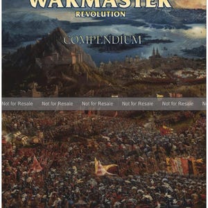 May include: A book cover for "WARMASTER REVOLUTION COMPENDIUM" with a landscape painting of a mountain and city. The bottom half shows a battle scene. Text at the bottom reads "An unofficial fan ruleset V. 2.1.0".