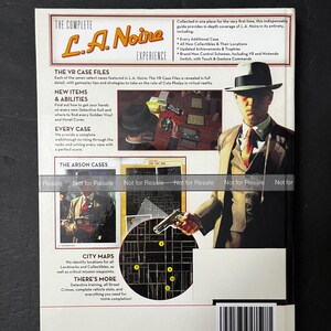 May include: A book cover for "The Complete L.A. Noire Experience." The cover features a man in a suit and hat, holding a gun. Text includes "The VR Case Files," "New Items & Abilities," and "Every Case."