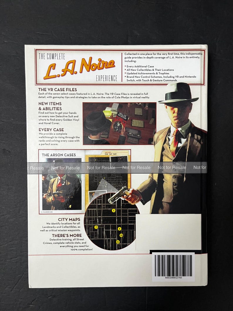 May include: A book cover for "The Complete L.A. Noire Experience." The cover features a man in a suit and hat, holding a gun. Text includes "The VR Case Files," "New Items & Abilities," and "Every Case."