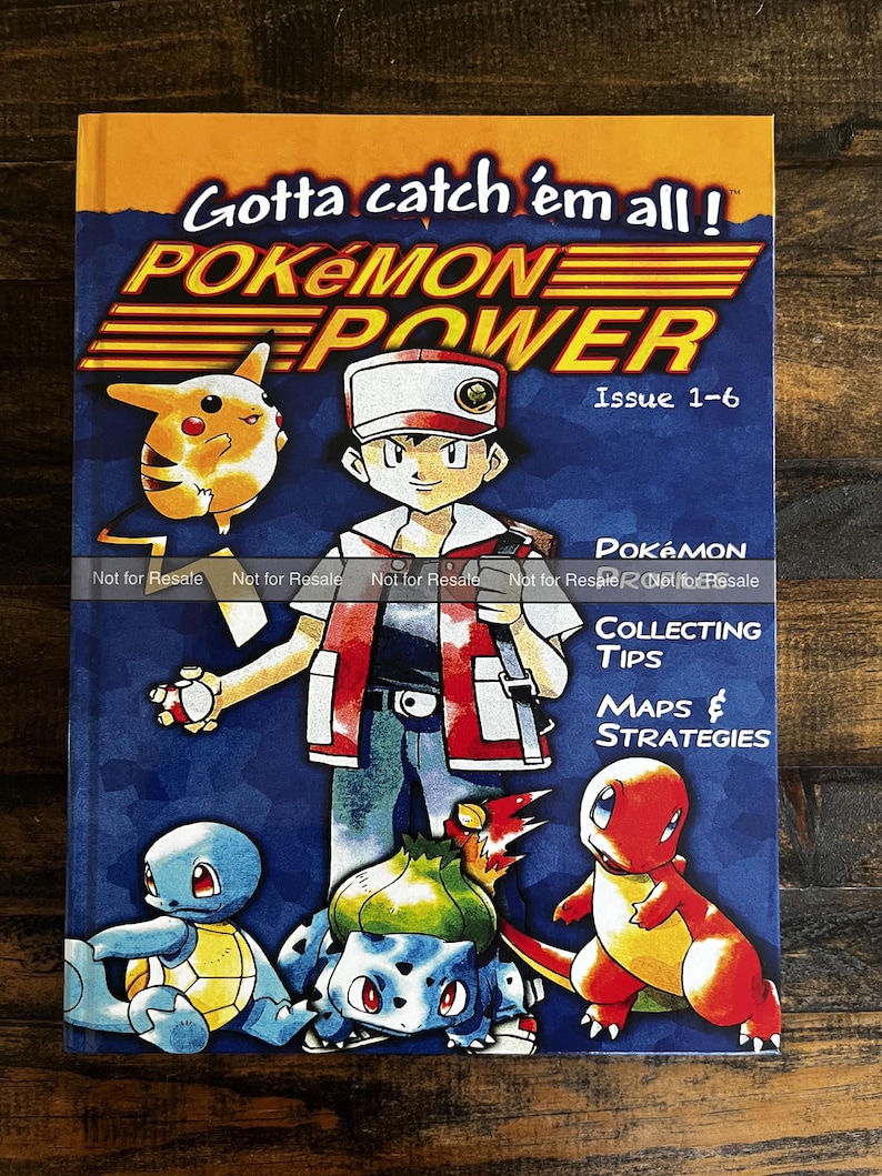 May include: A vintage Pok&eacute;mon Power magazine, issue 1-6, with the slogan "Gotta catch 'em all!" and illustrations of Pikachu, Squirtle, Bulbasaur, and Charmander. The cover also includes text about collecting tips, maps, and strategies.