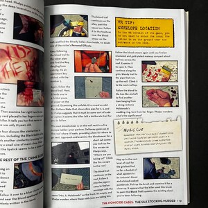 May include: A page from a book titled "The Homicide Cases: The Silk Stocking Murder" with crime scene investigation details. Includes text, photos of evidence, and a VR tip about envelope location.