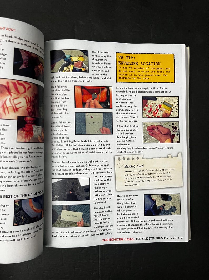 May include: A page from a book titled "The Homicide Cases: The Silk Stocking Murder" with crime scene investigation details. Includes text, photos of evidence, and a VR tip about envelope location.