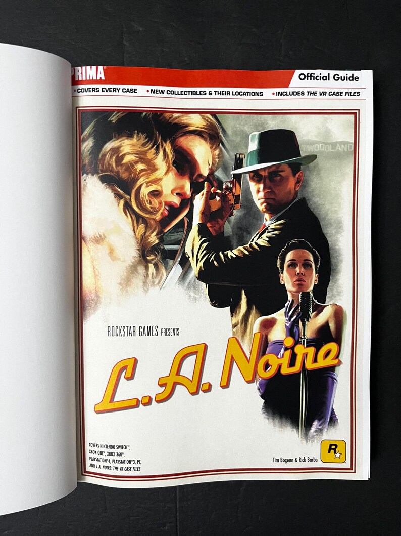 May include: A page from an official guide for the video game L.A. Noire. The cover features a man in a fedora holding a gun, a woman, and the game's title in yellow. The Prima logo is at the top.