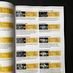 May include: A page from a magazine featuring information on classic cars, including the Ford 2DR, Lincoln Continental Coupe, Ford Business Coupe, Nash Super 600, and others. Each entry includes the year, power, and top speed.