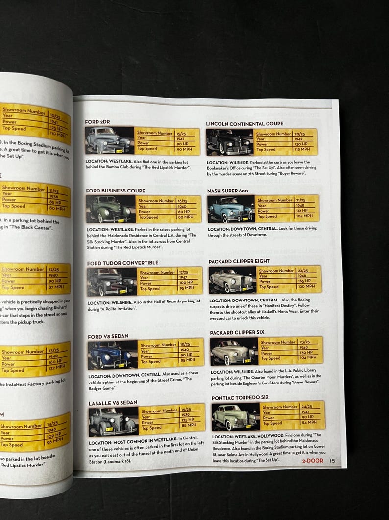 May include: A page from a magazine featuring information on classic cars, including the Ford 2DR, Lincoln Continental Coupe, Ford Business Coupe, Nash Super 600, and others. Each entry includes the year, power, and top speed.