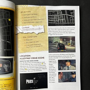 May include: Open book page with text and images from a video game. The page includes objectives, a case report, fail conditions, and location details for an alleyway crime scene. Images show a car and characters.