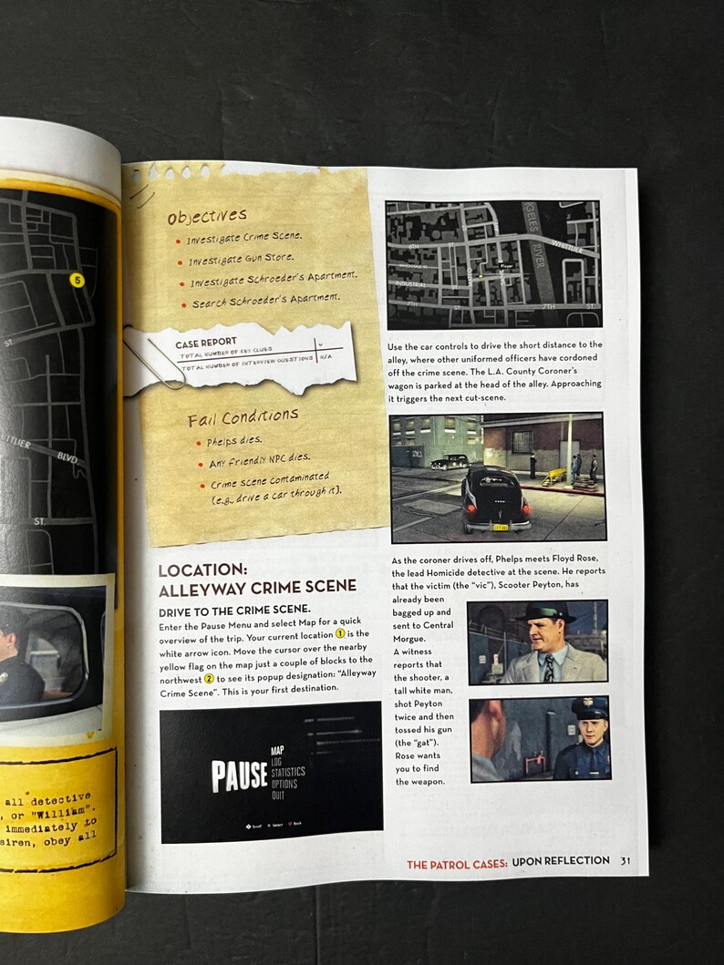 May include: Open book page with text and images from a video game. The page includes objectives, a case report, fail conditions, and location details for an alleyway crime scene. Images show a car and characters.