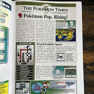 May include: A vintage newspaper page titled "The Pok&eacute;mon Times," dated 1st August 1998, with articles about Pok&eacute;mon. Features a map, "Rare Candy" advert, and "Bike Blowout" advert. Includes images of Pok&eacute;mon characters and text.