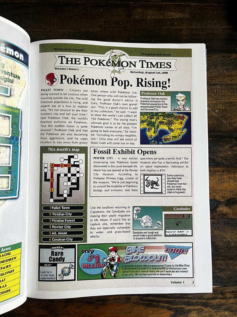 May include: A vintage newspaper page titled "The Pok&eacute;mon Times," dated 1st August 1998, with articles about Pok&eacute;mon. Features a map, "Rare Candy" advert, and "Bike Blowout" advert. Includes images of Pok&eacute;mon characters and text.