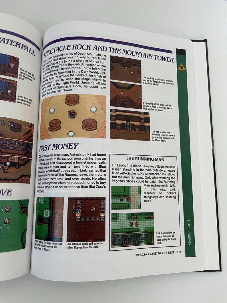 Puede incluir: Una p&aacute;gina de una gu&iacute;a de estrategia de videojuegos para Zelda: A Link to the Past. La p&aacute;gina presenta capturas de pantalla del juego, junto con texto que describe las ubicaciones, los personajes y los consejos de juego del juego. El texto incluye los t&iacute;tulos "Spectacle Rock and the Mountain Tower", "Fast Money", "The Running Man" y "Link's Journey".