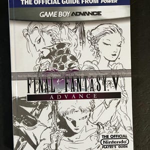 May include: A black and white illustration of characters from the video game Final Fantasy V on the cover of a Nintendo Power guide for the Game Boy Advance version of the game. The text "Final Fantasy V Advance" is printed in black on a white background.