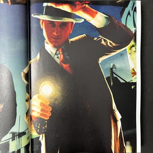 May include: Illustration of a man in a fedora and suit holding a flashlight. The man is illuminated by the flashlight, with a dark background. The image is a vintage style illustration.