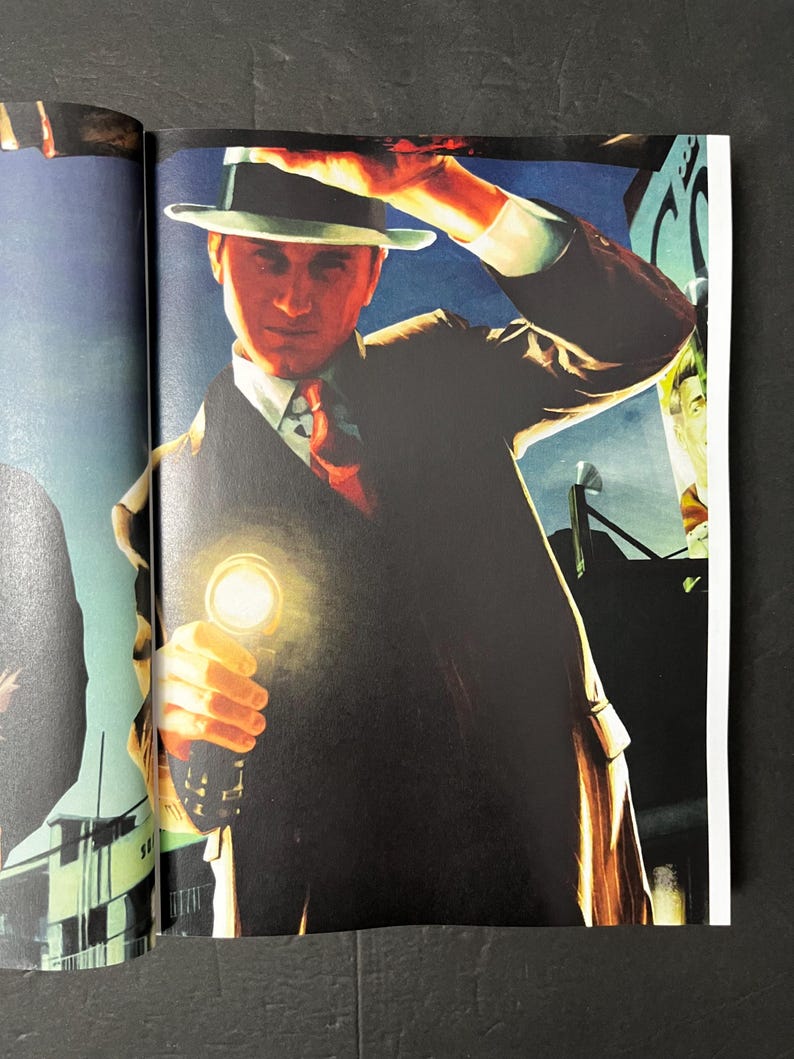 May include: Illustration of a man in a fedora and suit holding a flashlight. The man is illuminated by the flashlight, with a dark background. The image is a vintage style illustration.