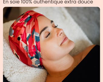 Bonnet de nuit 100% soie de mûrier - Double épaisseur - Idéal cheveux bouclés - Grade 6A - 22 mommes - Chouchou en soie inclus