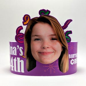 Age Birthday Party Hat with Custom Face – Purple Confetti-Themed Personalized Birthday Crown for Her Celebration