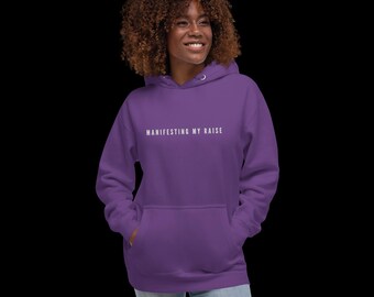 Manifesting My Raise Embroidered Hoodie: Funny Career Ambition Pullover