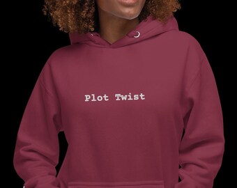 Plot Twist Embroidered Hoodie: Cozy Unisex Sweatshirt for Film & Book Lovers