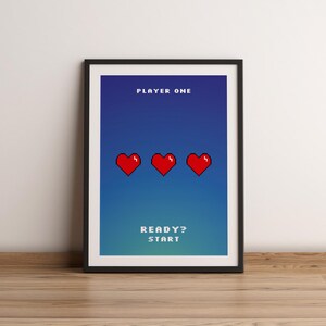 Poster del giocatore retrò "Giocatore uno" | Cuori della vita in pixel art | Manifesto formato A2 | Decorazioni geek | Regalo originale | Gioco | Videogiochi | Pronto