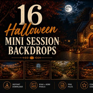 May include: A digital collection of 16 Halloween mini session backdrops featuring a stone church under a full moon, pumpkin-lit paths, and interior scenes. The text reads 16 Halloween Mini Session Backdrops, Instant Download, 6144 x 4096 Pixels.