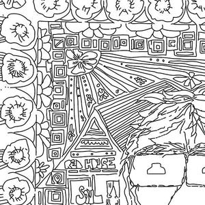 Könnte beinhalten: Schwarz-weiß-Linienzeichnung einer Hauses mit rotem Dach und dem Schriftzug "Red House" an der Vorderseite. Das Haus ist von Blumen und anderen dekorativen Elementen umgeben.