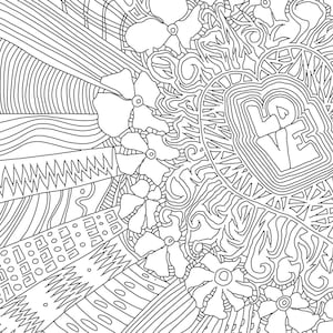 May include: Black and white line art illustration of a heart with the word "LOVE" inside. The heart is surrounded by intricate floral designs and geometric patterns.