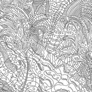 May include: A black and white intricate line drawing of a pattern with organic shapes and lines. The pattern is reminiscent of a natural landscape with plants and flowers.