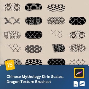 Könnte beinhalten: Ein Set mit 15 schwarzen und weißen digitalen Pinseln mit verschiedenen Mustern von chinesischen Mythologie-Kirin-Schuppen, Drachen-Textur-Pinselset. Der Text "Chinese Mythology Kirin Scales, Dragon Texture Brushset" wird unter den Pinseln angezeigt.