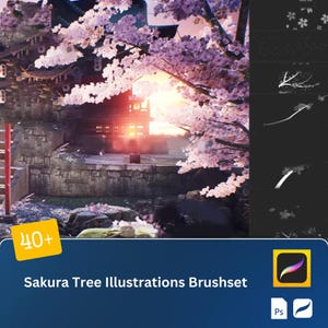 May include: A digital illustration brush set featuring over 40 brushes for creating sakura trees. The brush set is compatible with Procreate and Photoshop. The image shows a pink cherry blossom tree in front of a Japanese-style building.