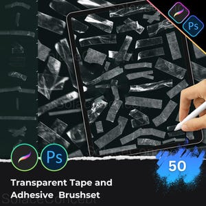 May include: A digital art illustration featuring a tablet screen filled with transparent tape strips. The image includes the text "Transparent Tape and Adhesive Brushset" and the number "50". The Procreate and Photoshop logos are also visible.