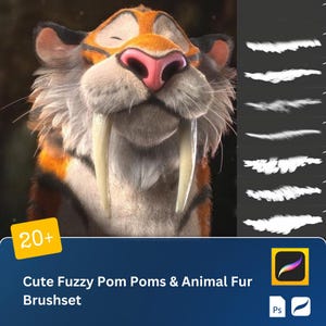 May include: A set of 20+ digital brushes for creating cute fuzzy pom poms and animal fur. The brushes are designed for use with Procreate and Photoshop. The image shows a cartoon tiger with a friendly expression and large fangs.