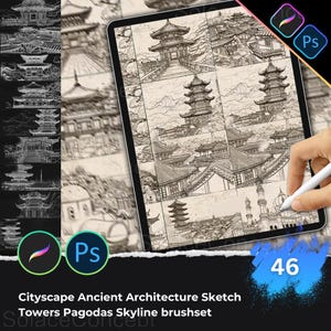 Peut inclure: Illustration numérique de croquis d'architecture asiatique ancienne, avec des tours et des pagodes, affichée sur une tablette. L'image montre une main tenant un stylet, avec les logos Procreate et Photoshop visibles. Le nombre 46 est également affiché.