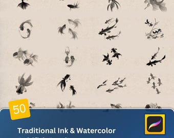 Puede incluir: Un conjunto de 50 pinceladas tradicionales de peces rojos de tinta y acuarela. Las pinceladas son en blanco y negro y están dispuestas en una cuadrícula. Las pinceladas están diseñadas para su uso en programas de arte digital como Procreate.