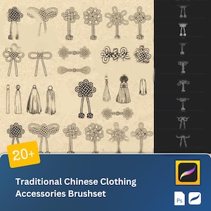 May include: A set of 20+ traditional Chinese clothing accessories brush set for digital art. The brush set includes various knots, tassels, and other decorative elements.
