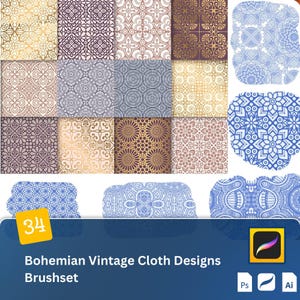 Bohemian Vintage Brushset Procreate & Photoshop Traditional Folk Patterns, Retro Clothing Designs, and Unique Ethnic Motifs for Illustration