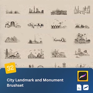 City Landmark and Monument Procreate Brush Set for iPad Drawing: Architectural Sketches, Famous Landmarks, and Travel Map Illustrations