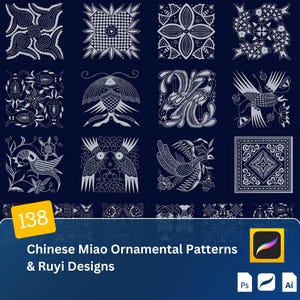 May include: A set of 18 digital illustrations featuring Chinese Miao ornamental patterns and Ruyi designs. The patterns are in white and are set against a dark blue background. The illustrations are perfect for use in digital design projects.