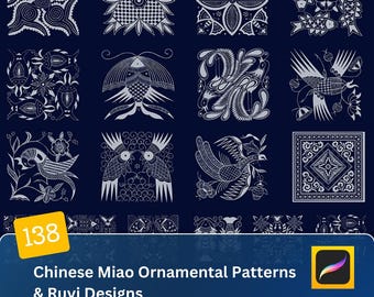 Könnte beinhalten: Ein Satz von 18 digitalen Illustrationen mit chinesischen Miao-Ornamenten und Ruyi-Designs. Die Muster sind weiß und vor einem dunkelblauen Hintergrund angeordnet. Die Illustrationen eignen sich perfekt für den Einsatz in digitalen Designprojekten.