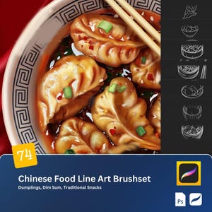 70+ Chinese Food Line Art Brushes for Procreate Photoshop Dumplings, Dim Sum, Traditional Snacks, Hand-Drawn Asian Cuisine Illustration Tool