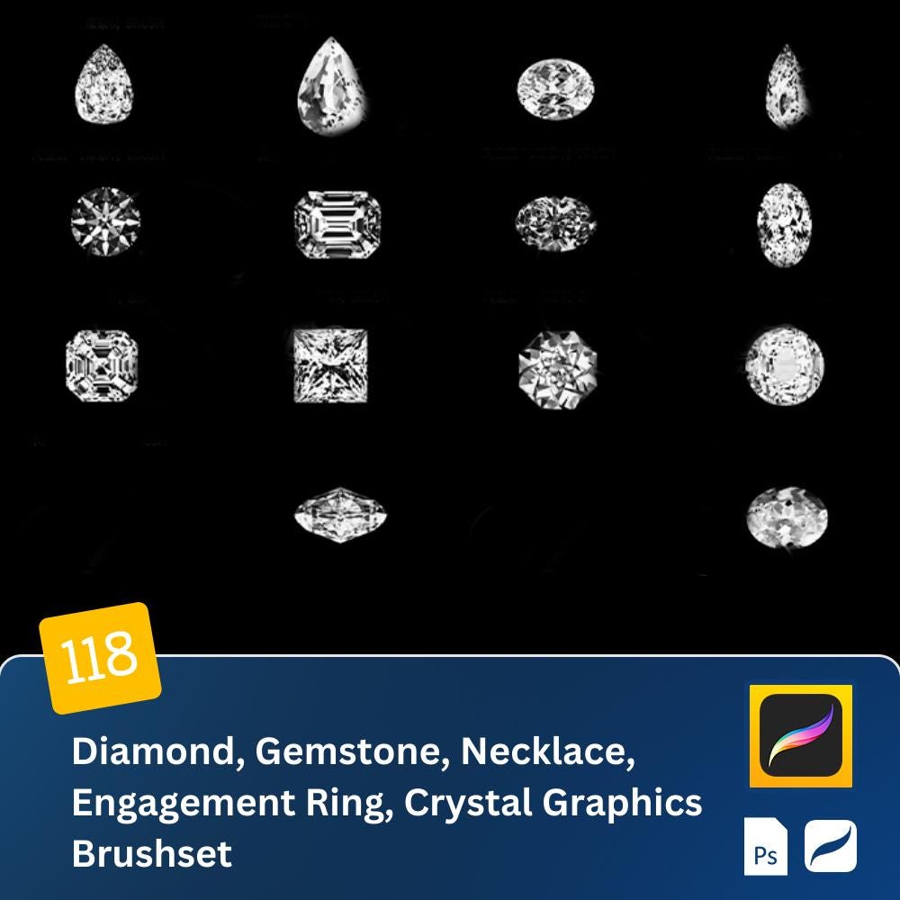 Ensemble de pinceaux tampons Procreate & Photoshop pour design de bijoux – Diamants, Gemmes, Bagues, Colliers, Cristaux
