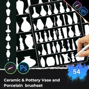May include: A digital illustration of a tablet displaying a collection of 54 ceramic and pottery vase silhouettes. The image includes the text "Ceramic & Pottery Vase and Porcelain brushset" and the numbers "54". The background is black.
