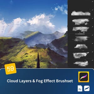 Może przedstawiać: Zestaw 59 pędzli do efektów chmur i mgły do ​​sztuki cyfrowej. Pędzle są wyświetlane w interfejsie programu do sztuki cyfrowej z podglądem pędzli po prawej stronie obrazu. Pędzle są białe i szare i zostały zaprojektowane do tworzenia realistycznych efektów chmur i mgły.