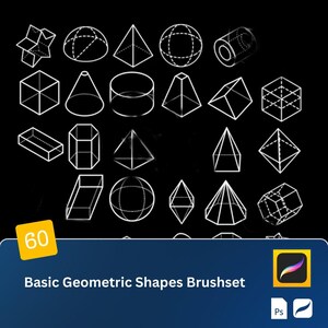 Puede incluir: Diversas formas geométricas 3D en contorno blanco sobre fondo negro, incluyendo cubos, esferas y pirámides. La imagen muestra el texto "Basic Geometric Shapes Brushset" y el número "60".